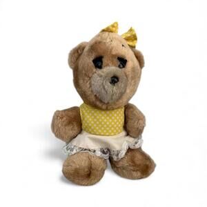 Vintage Animal Fair Bear Yellow Polka Dot Dress Bow stuffed animal plush toy